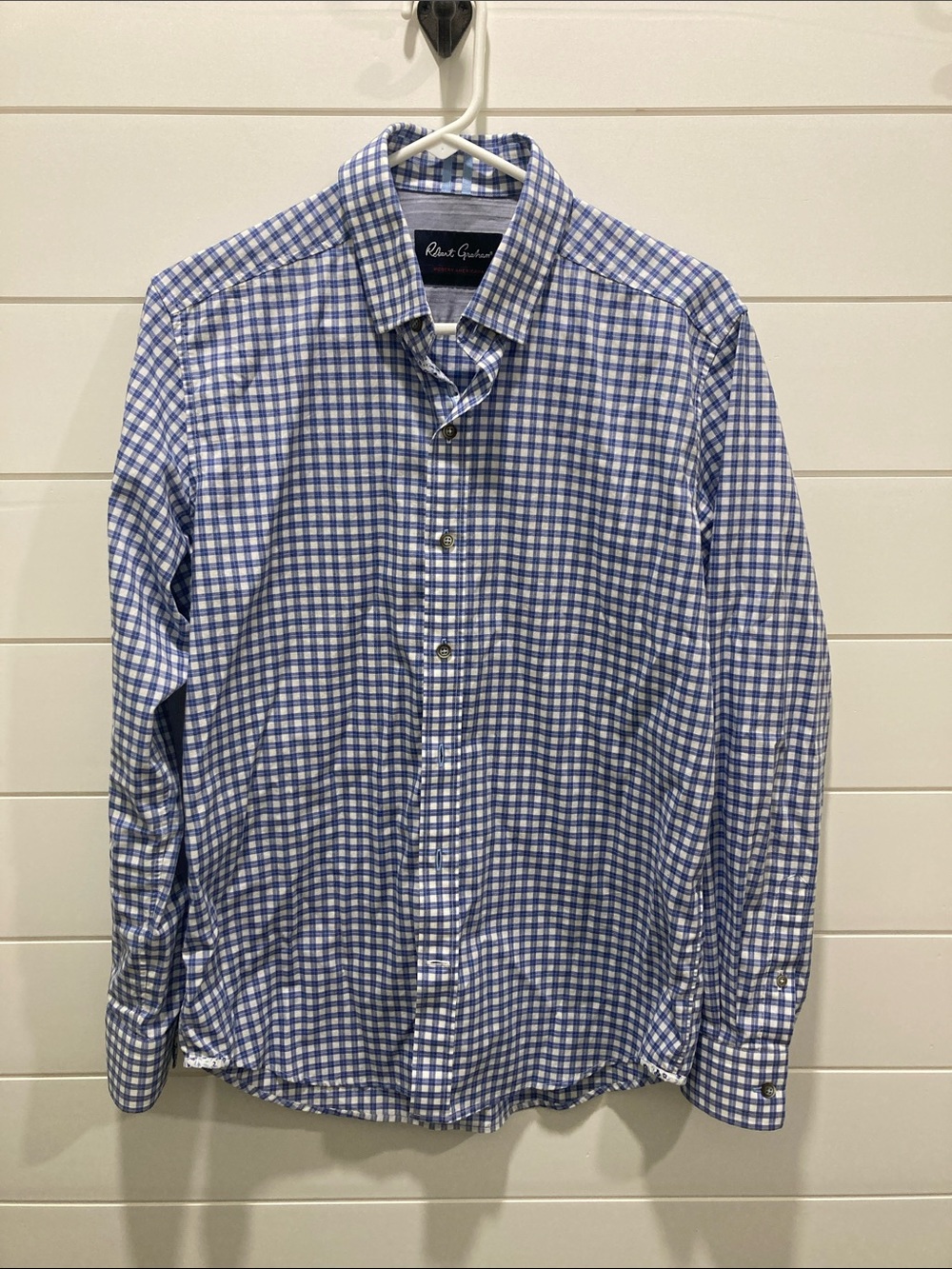 Robert Graham Blue & White Gingham Button-Down Shirt w/ Floral Contrast EUC Med